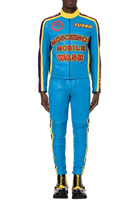 RETRO MOSCHINO LOGO LEATHER BIKER BLUE 1