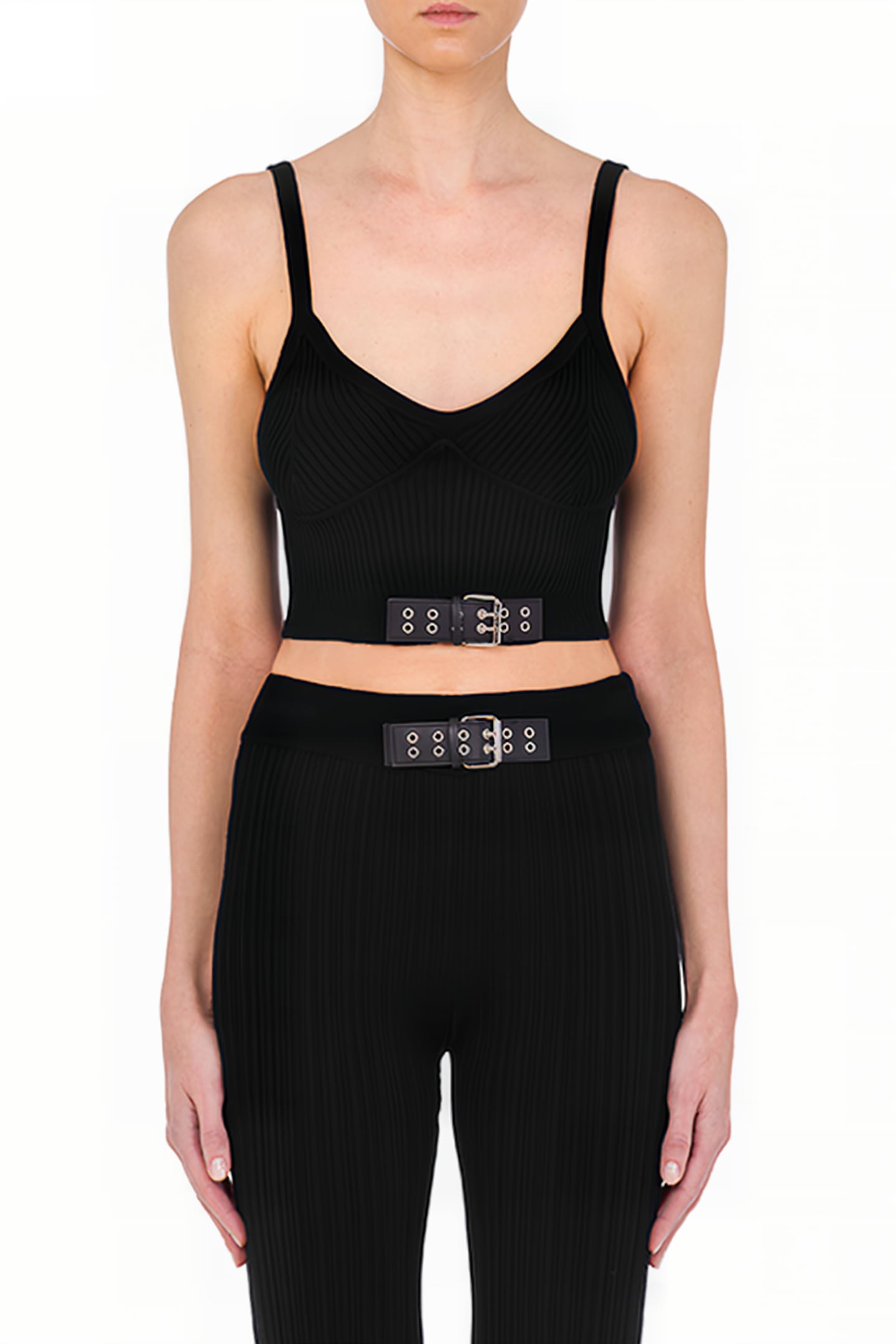 BIKER BUCKLES STRETCH KNIT CROP TOP BLACK 1