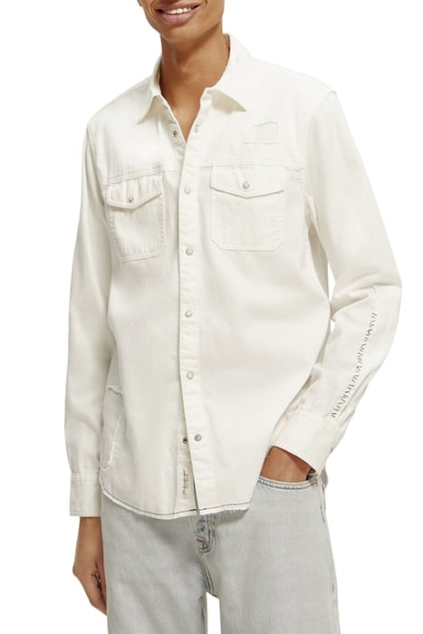 WASHED DENIM WESTERN SHIRT WITH DAMAGES IN SLIM FIT OFF WHIT 1