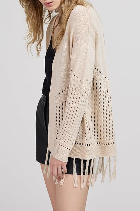 ECRU OPENWORK KNIT CARDIGAN WITH FRINGED EDGES 5