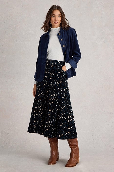 QUINN ORGANIC CORD SKIRT BLACK PRINT 1