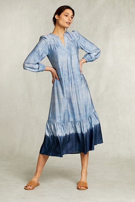 BLUE LONG RUFFLED TIE-DYE DRESS BLUE 1