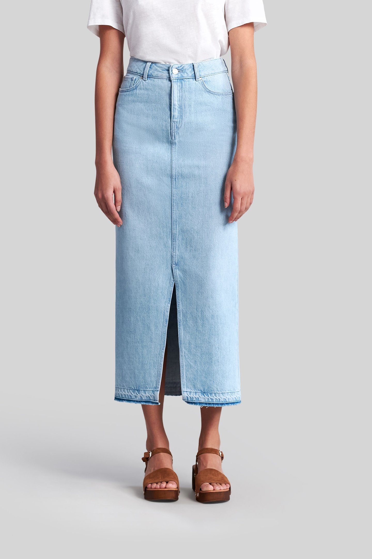 LIGHT BLUE ORGANIC COTTON DENIM MIDI SKIRT 1