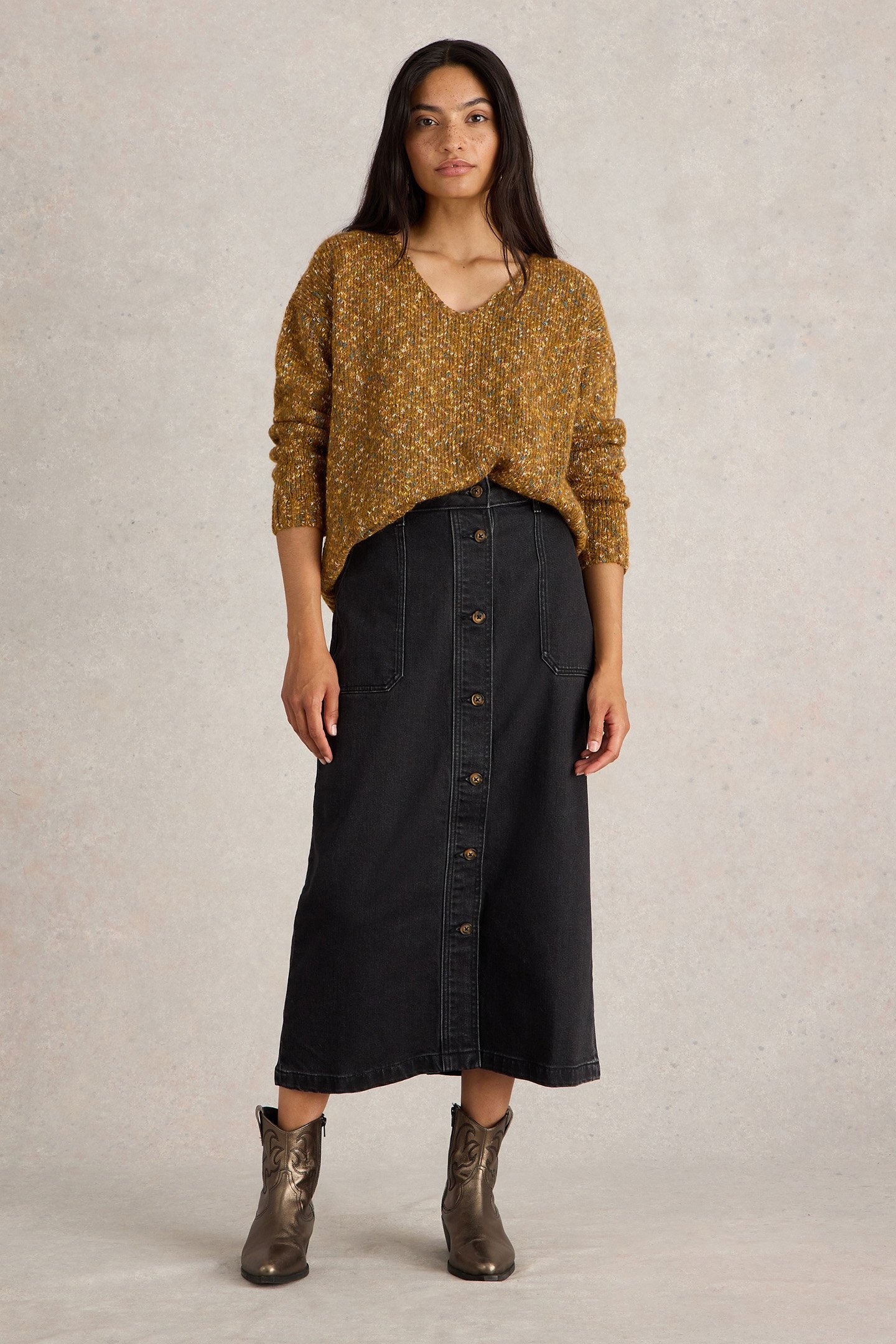 TEXTURED V NECK JUMPER BROWN MULTI 1