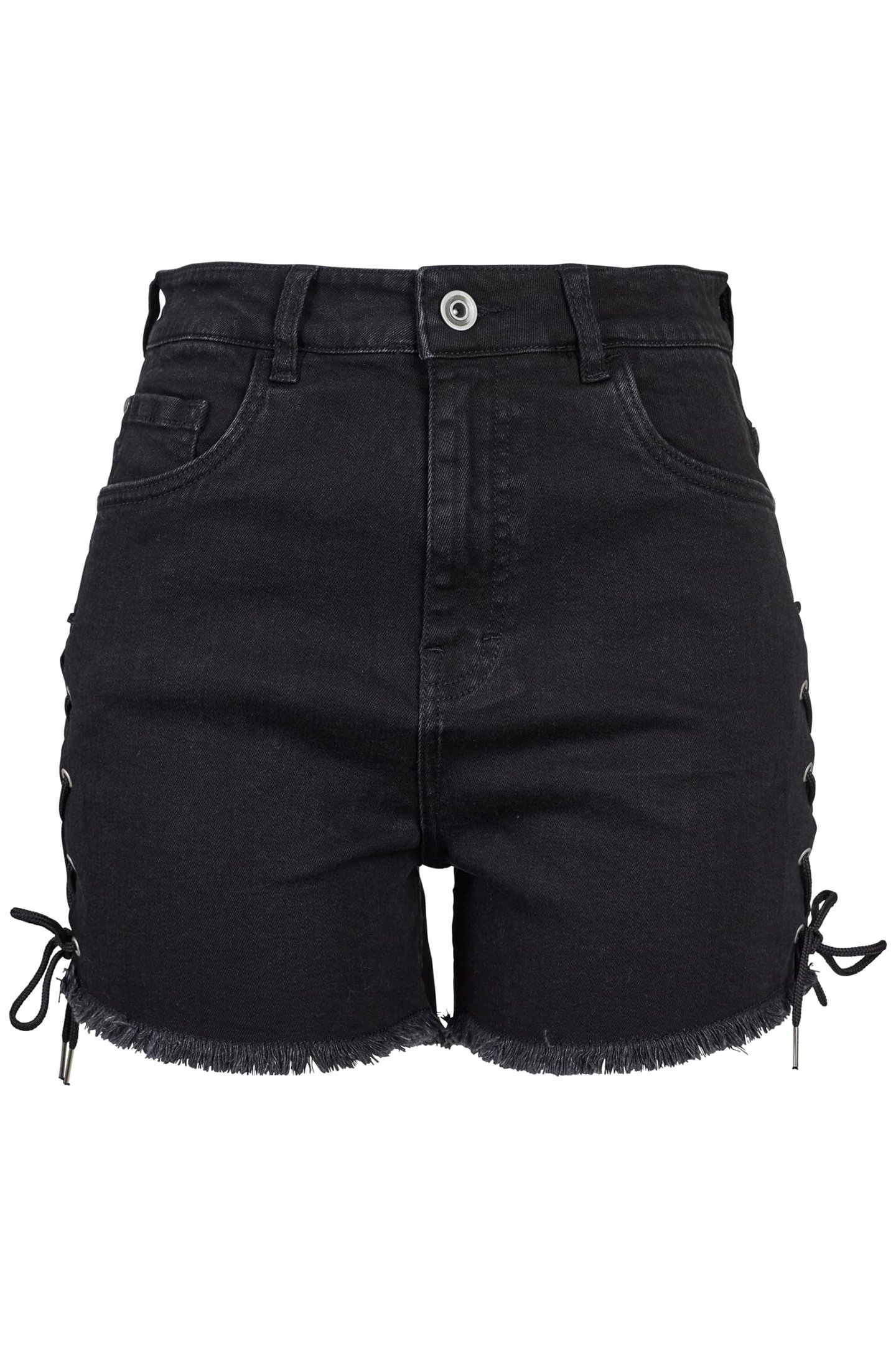 LADIES HIGHWAIST DENIM LACE UP SHORTS BLACK WASHED 1
