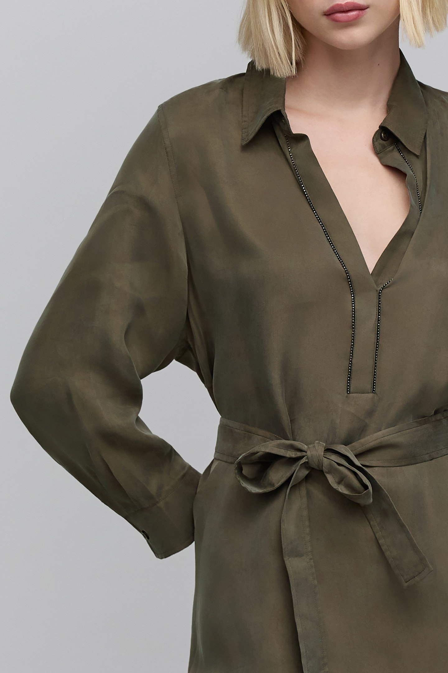 KHAKI MIDI SHIRT DRESS WITH JEWELS 5