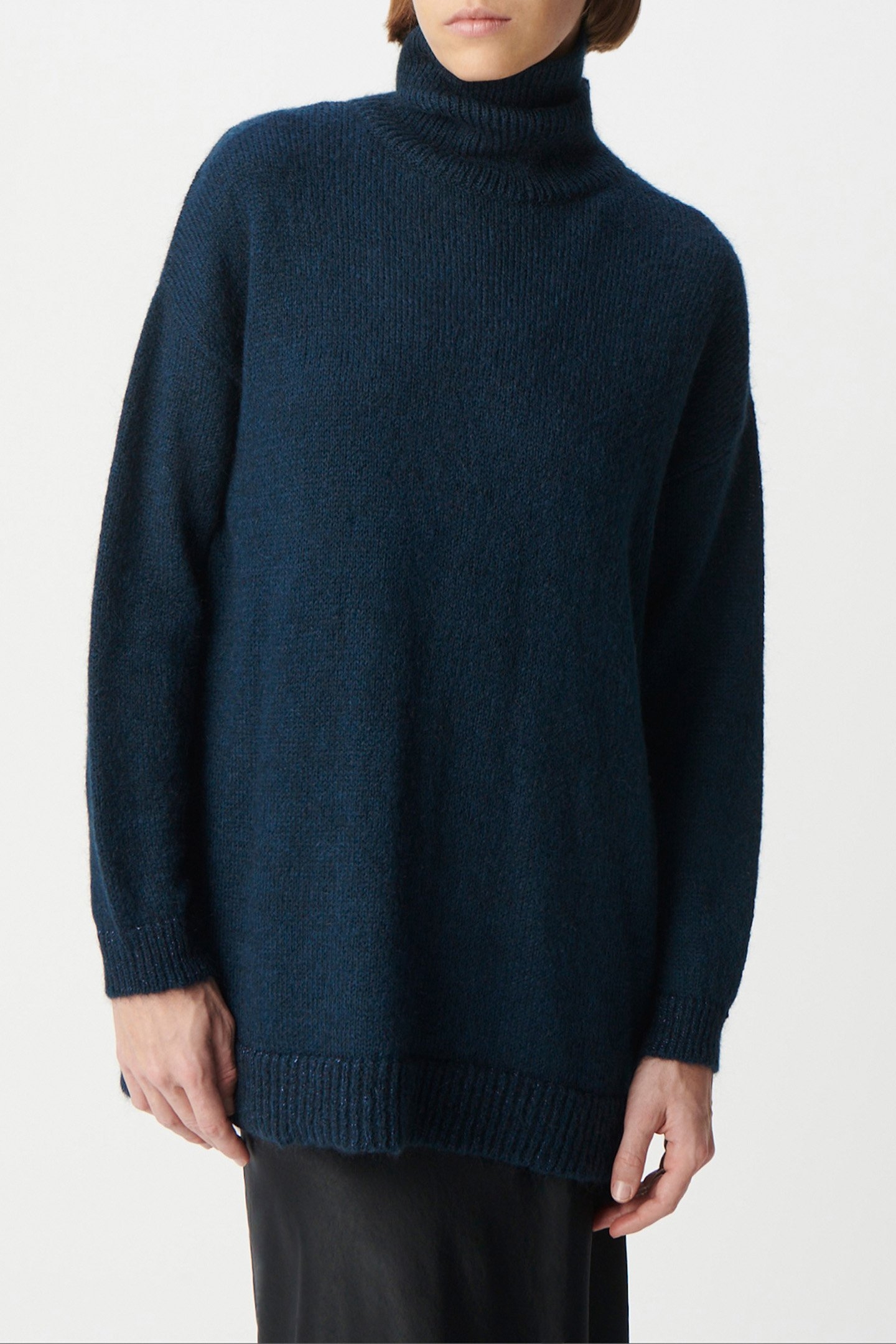 NAVY RIB-KNIT TURTLENECK SWEATER WITH LUREX TRIM 1