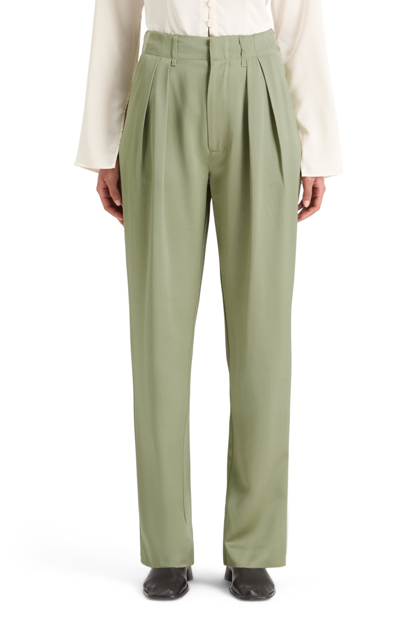 FAYE SATIN HIGH RISE RELAXED TAPERED LEG WASHED SAGE 1