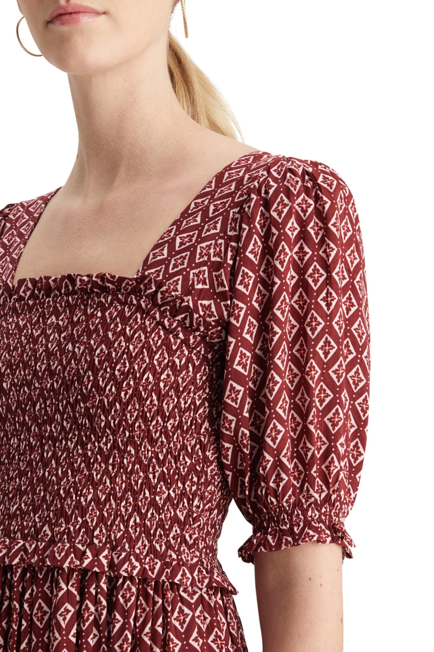 MAXI DRESS WITH SMOCK GEO FLOWER BORDEAUX 6