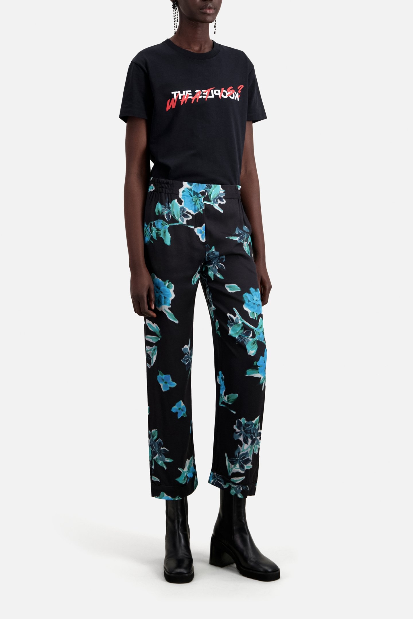 ELASTIC WAIST PAJAMA-STYLE PANTS BLACK BLUE 5