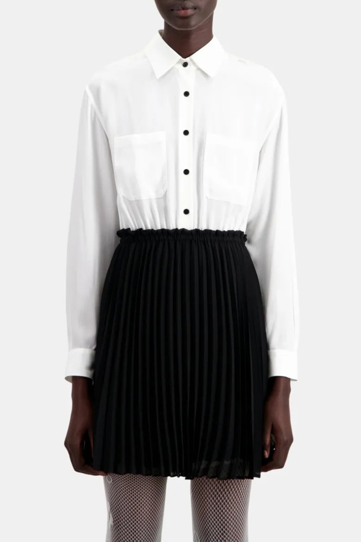 DRESS TOP SHIRT BOTTOM PLEATED SKIRT BLACK WHITE 1