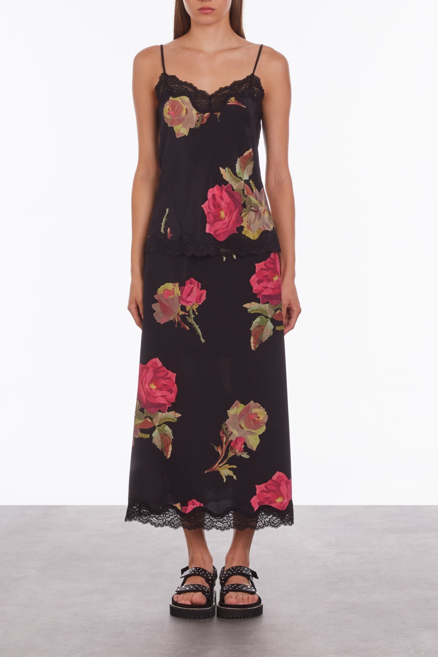 CAMISOLE WITH LACE NECKLINE AND BOTTOM PINK BLACK 1