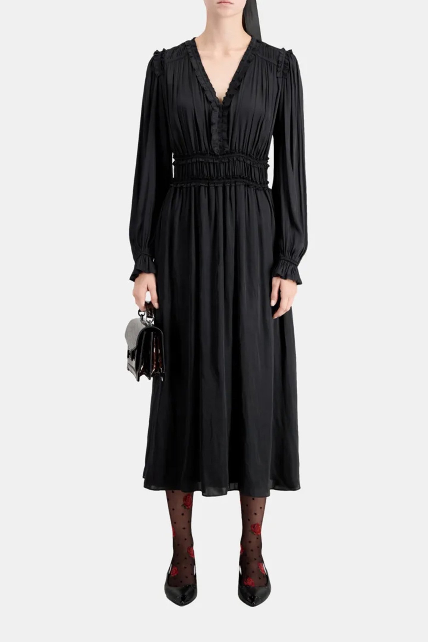 LONG V-NECK DRESS WITH FRILLS BLACK 1