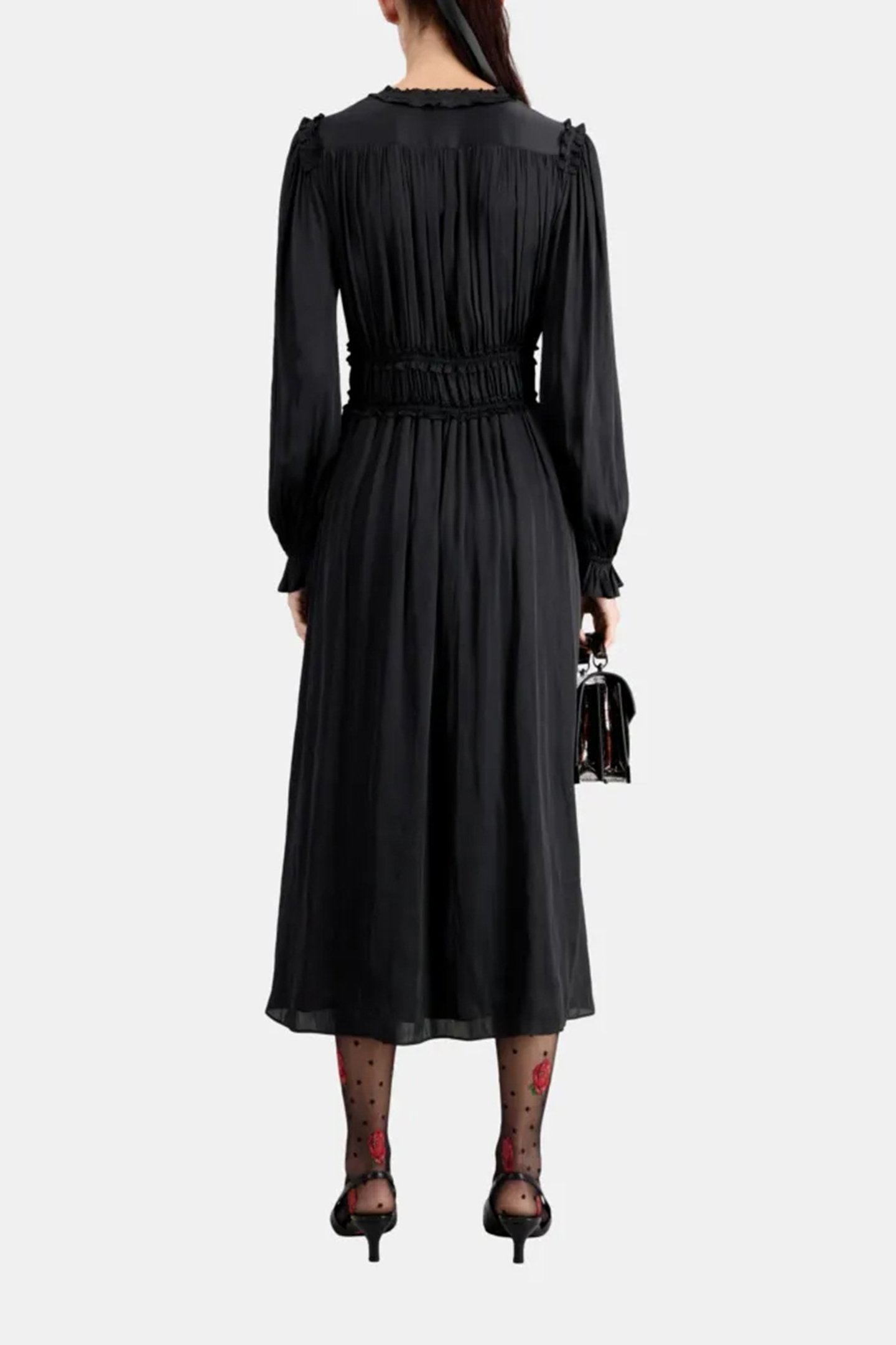 LONG V-NECK DRESS WITH FRILLS BLACK 2