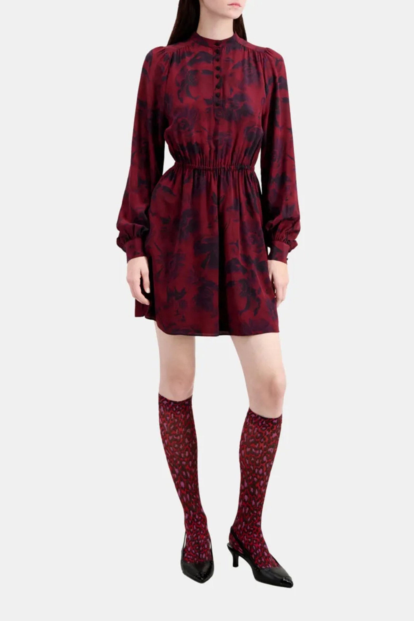 ML SHORT DRESS ELASTICATED WAIST V NECKLINE BLACK-BURGUNDY 2