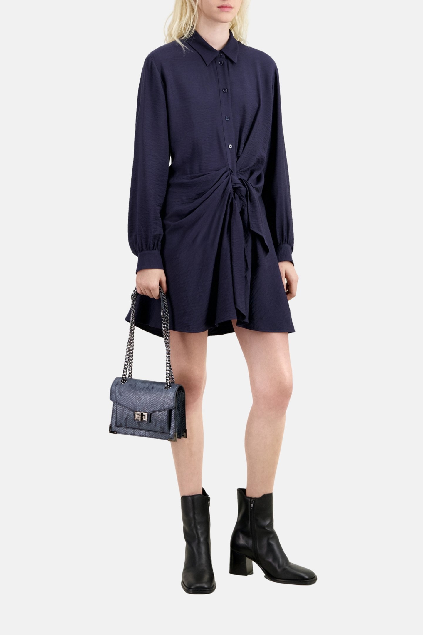 LONG-SLEEVED TIE-UP SHIRT DRESS NAVY 5