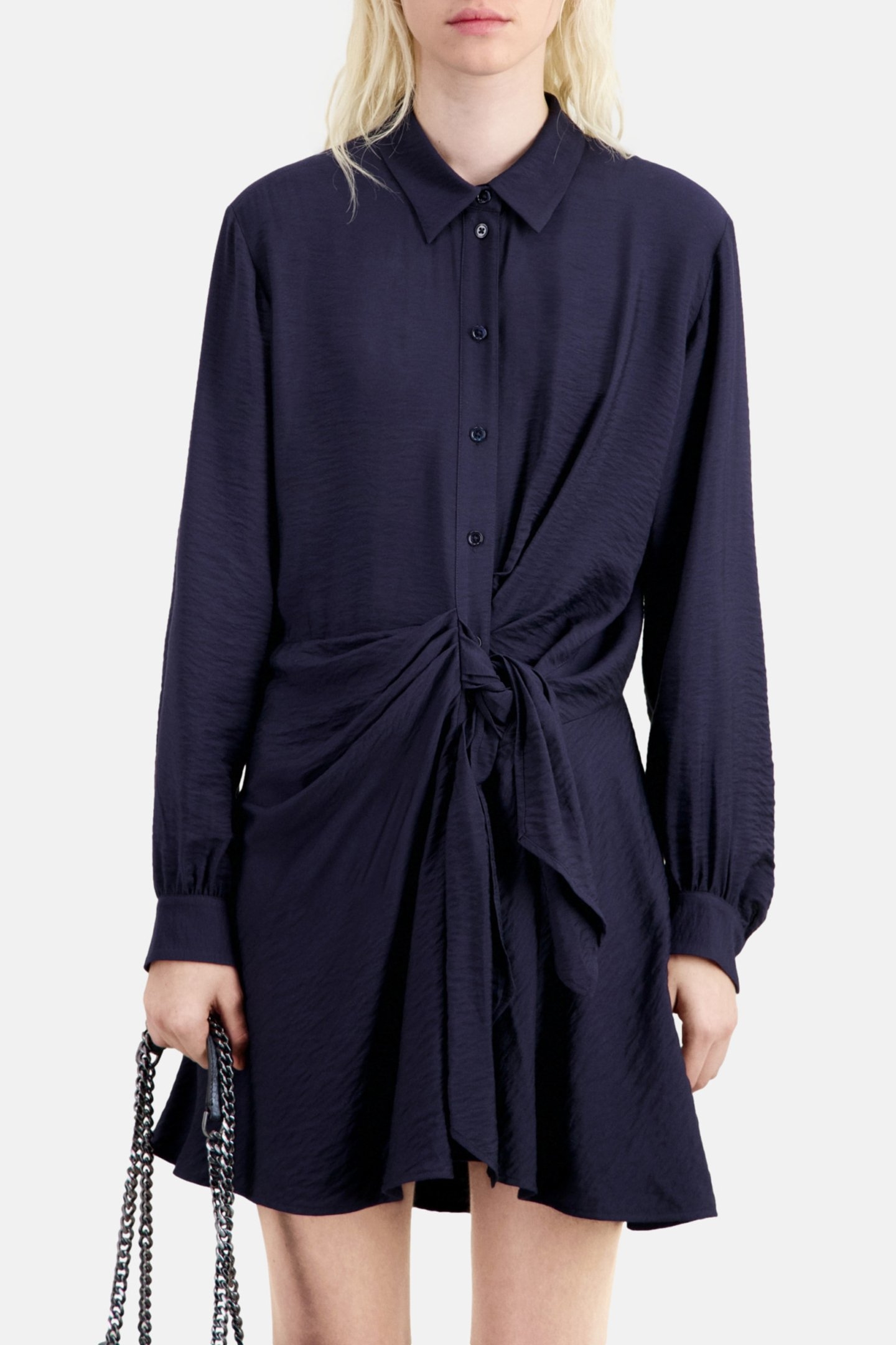 LONG-SLEEVED TIE-UP SHIRT DRESS NAVY 1