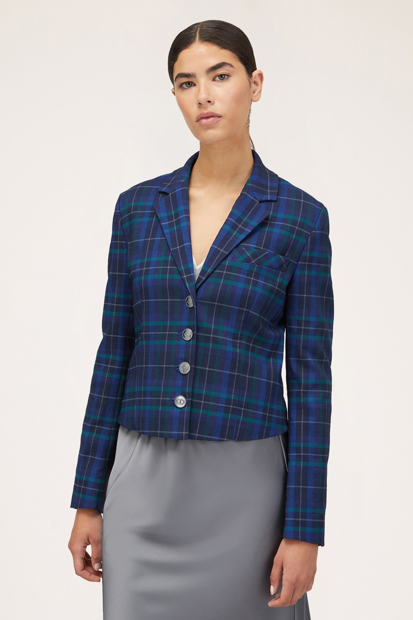 SHORT CHEQUERED PATTERN BLAZER JACKET BLUE 1