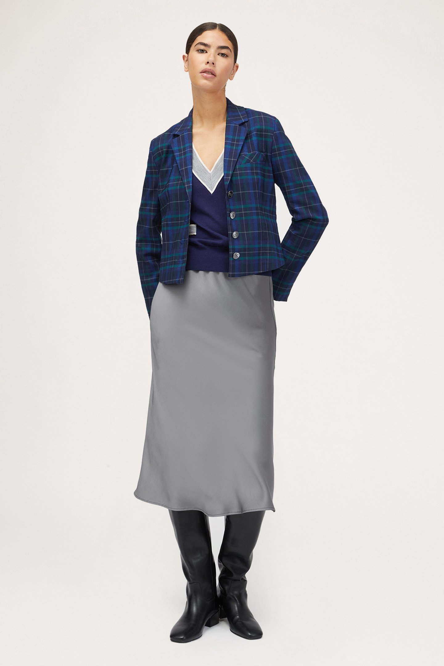 SHORT CHEQUERED PATTERN BLAZER JACKET BLUE 3