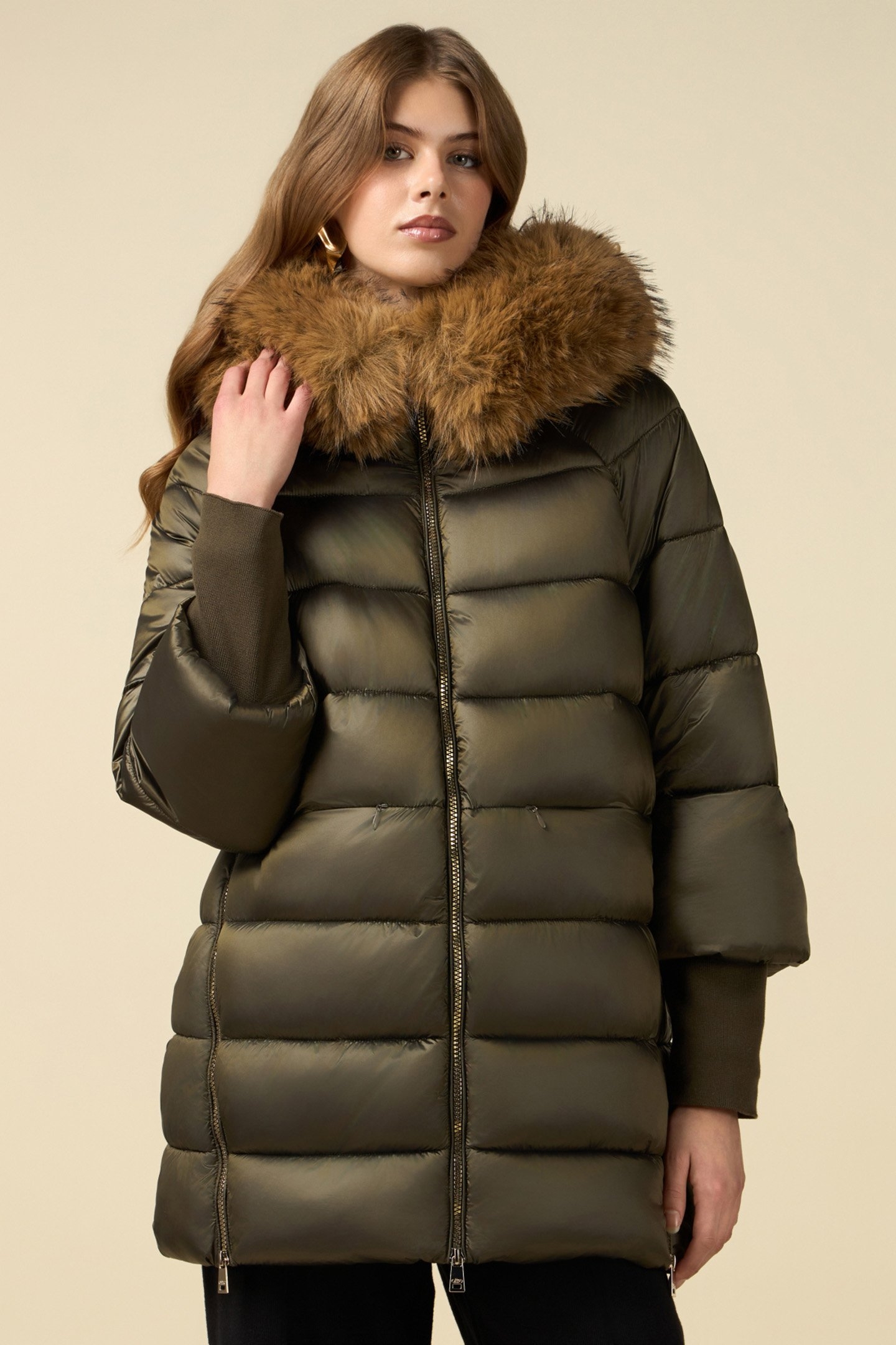 MIDI DOWN JACKET WITH HOOD AND CUFFS GREEN 1