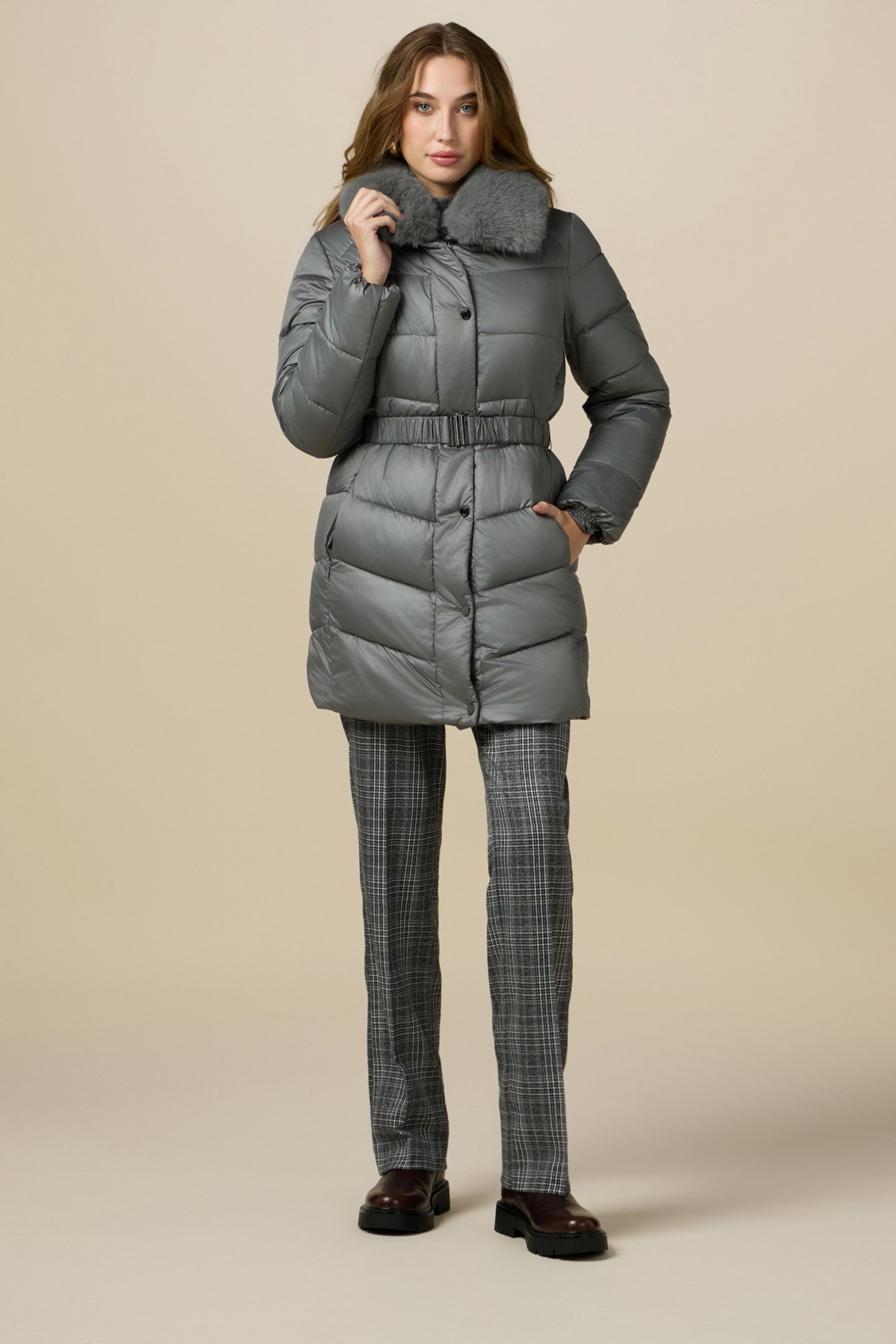 MIDI DOWN JACKET WITH BELT AND FURRY COLLAR GREY 1