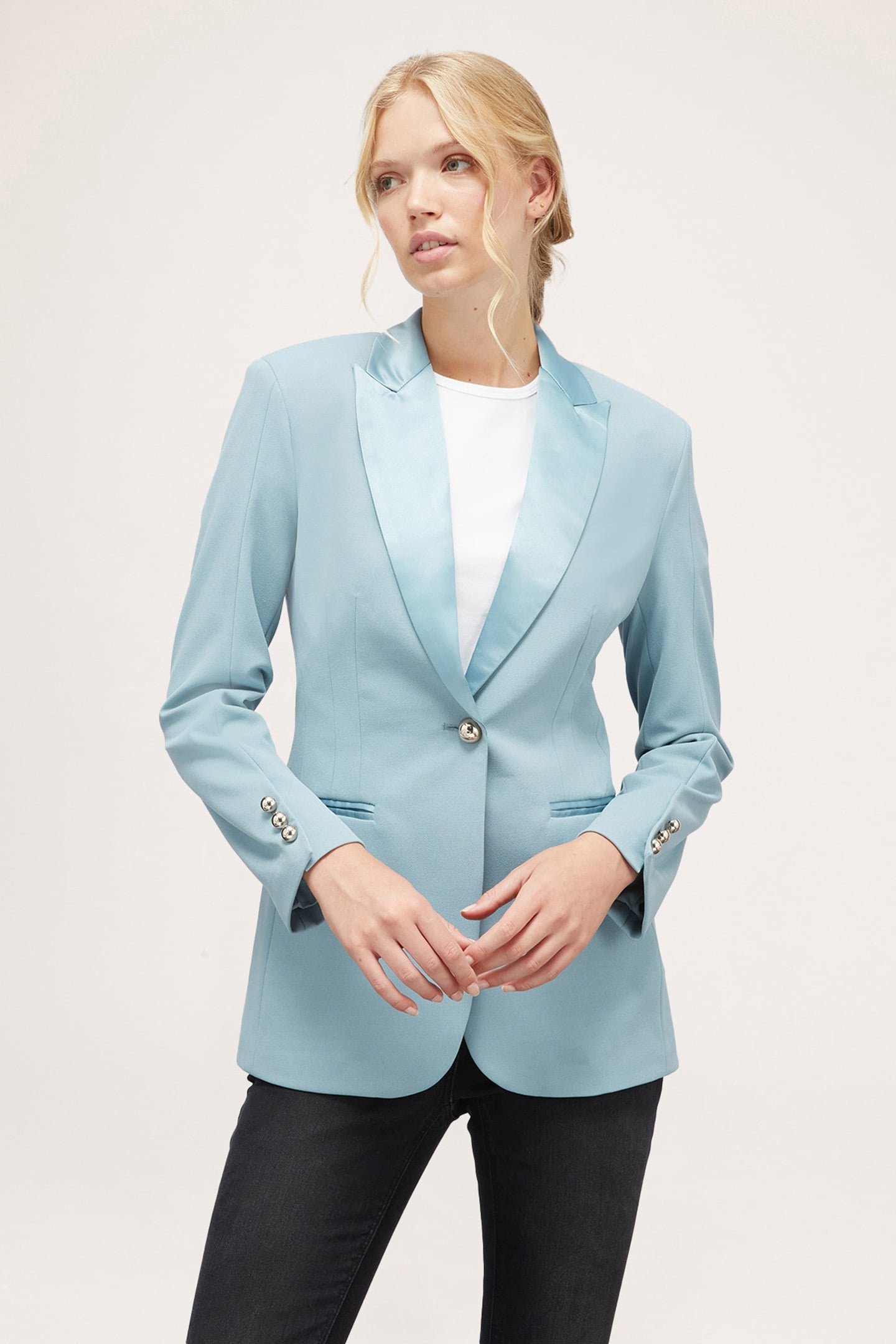 SINGLE-BREASTED JACKET WITH SATIN INSERTS SKY BLUE 1