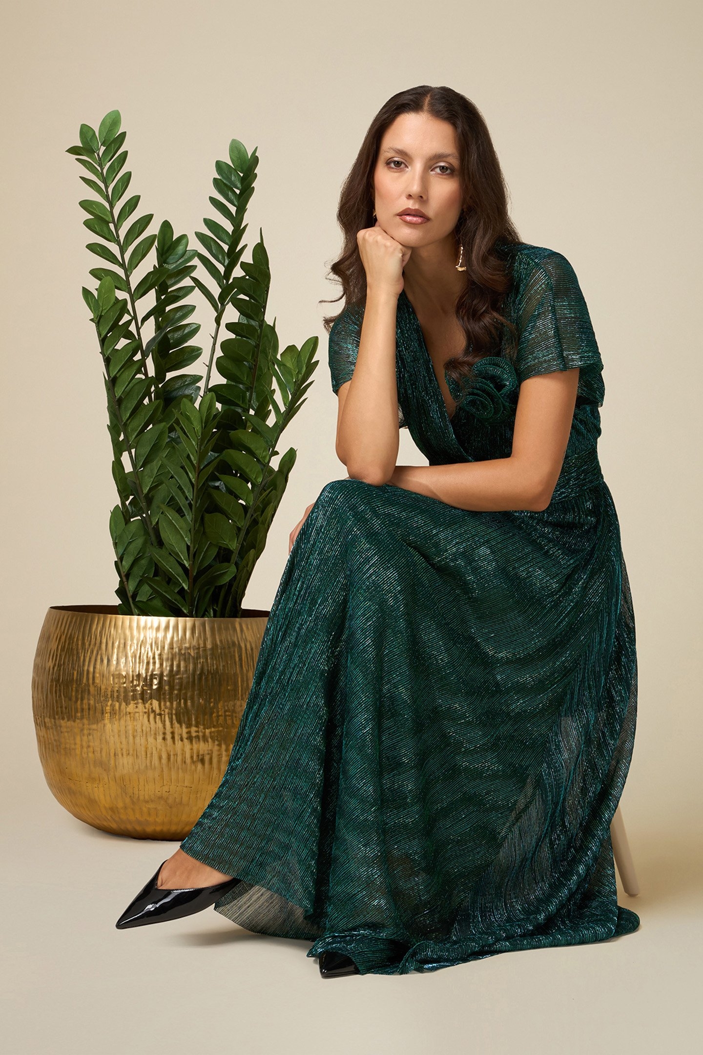 PLEATED LUREX DRESS WITH BROOCH GREEN 4