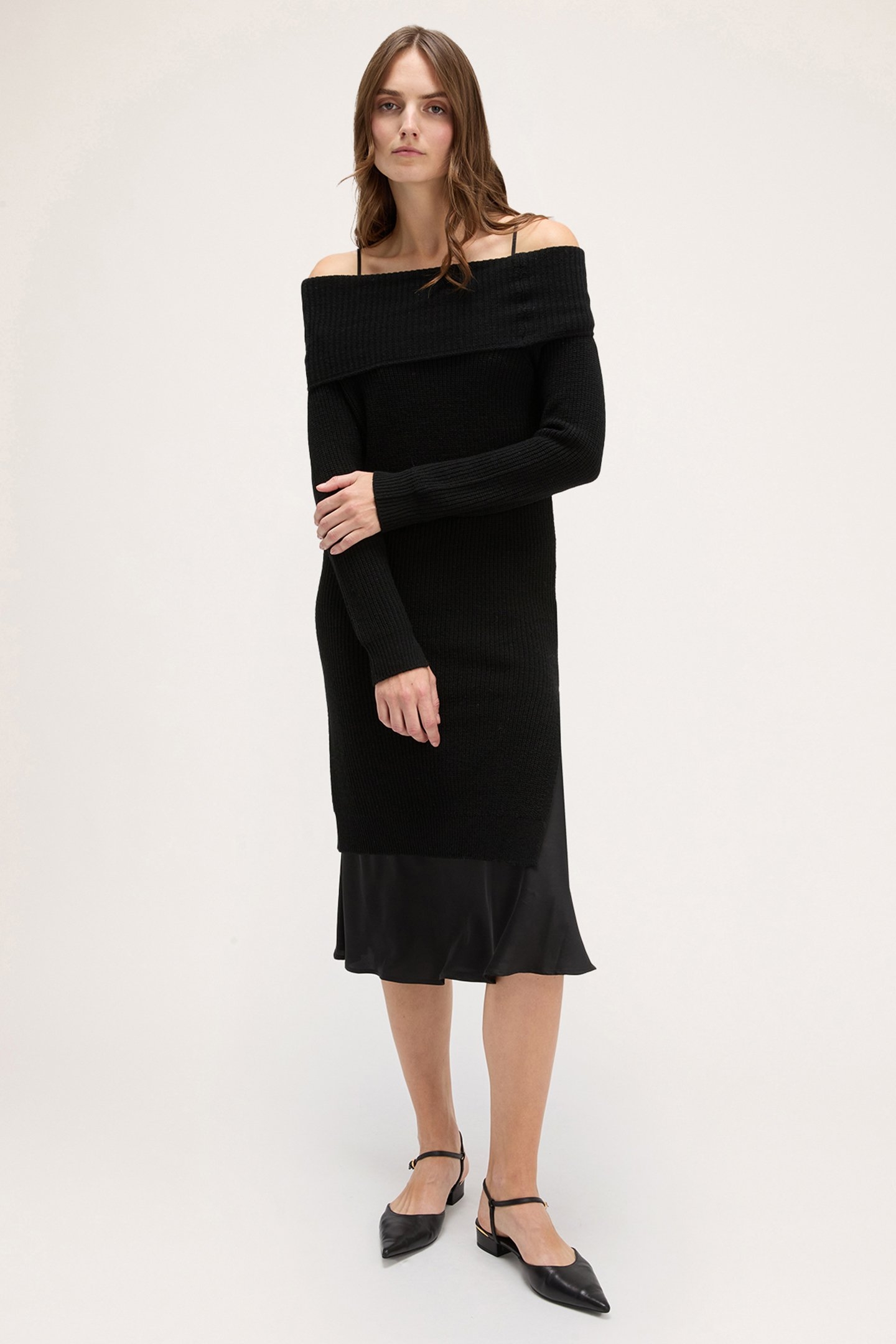 OFF-SHOULDER KNIT DRESS WITH SLIP BLACK 3
