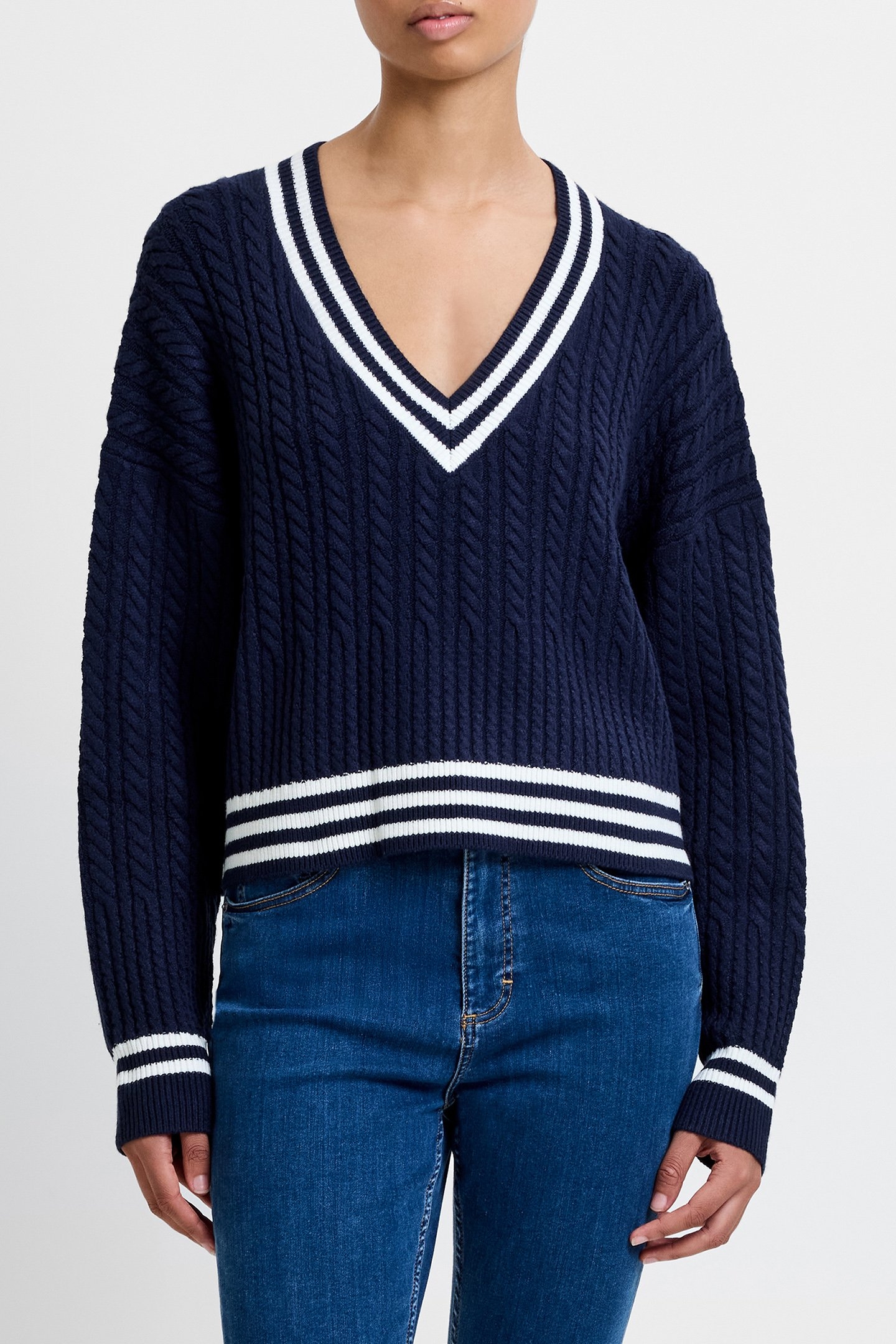 BABYSOFT CABLE V NECK JUMPER DUCHESS BLUE/WIN WHT 1