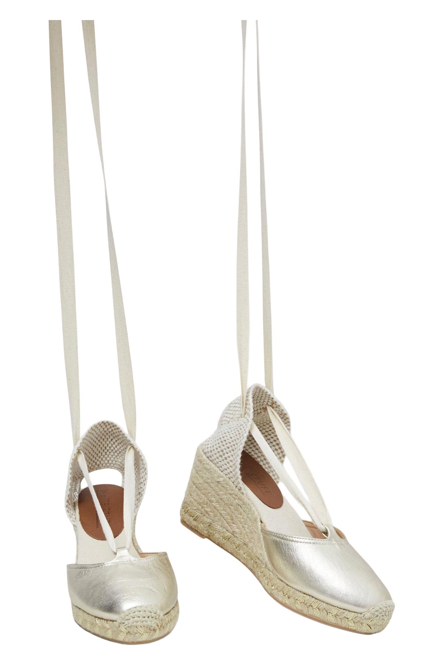 TIE LEATHER ESPADRILLE WEDGE GOLD TONE METALLIC 1