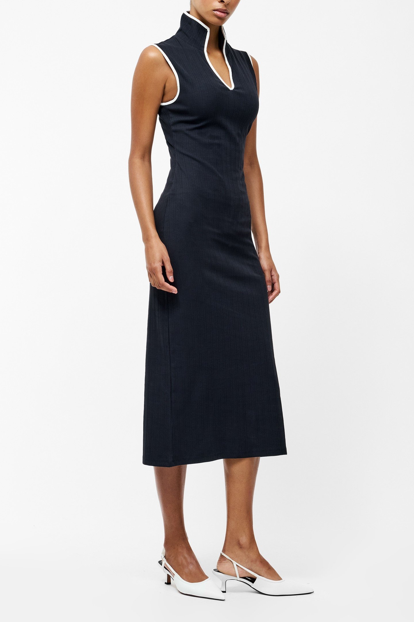 SASIA RIB BINDING COLLRD DRESS NAVY/WHITE 2