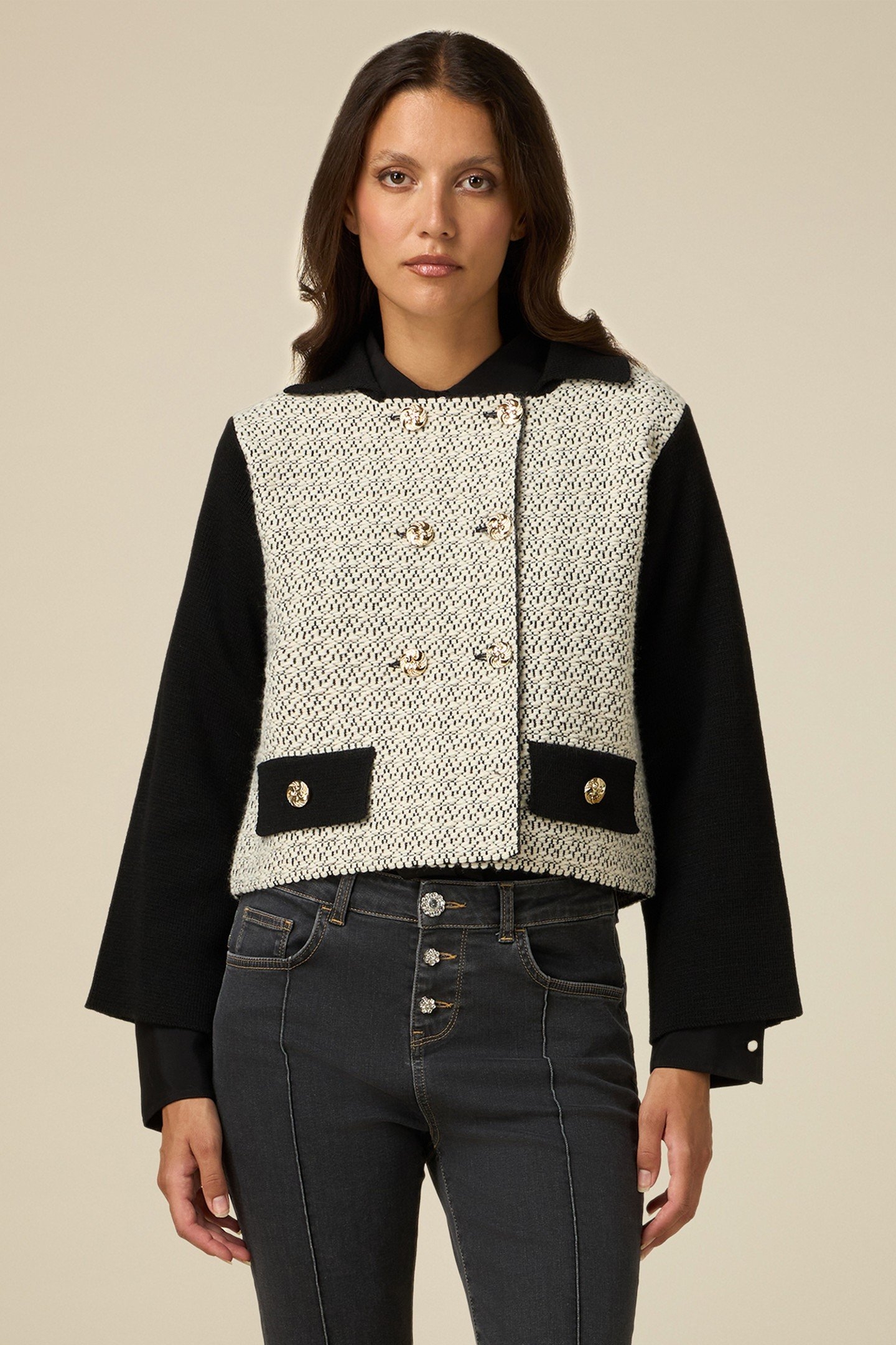 WOOL BLEND KNIT BOXY JACKET BLACK 1