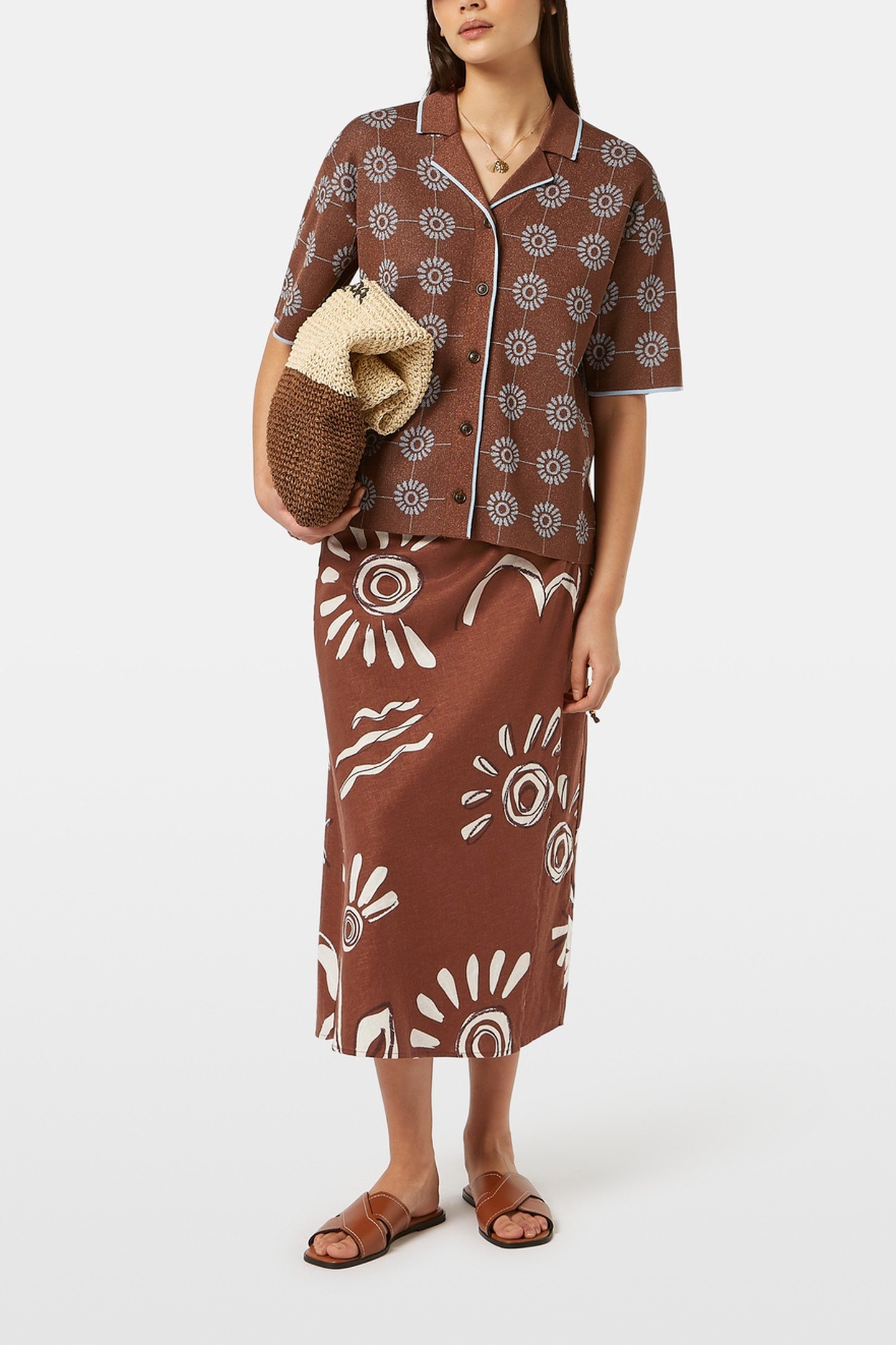 LINEN BLEND PRINTED WRAP SKIRT INKY SUN BROWN 1